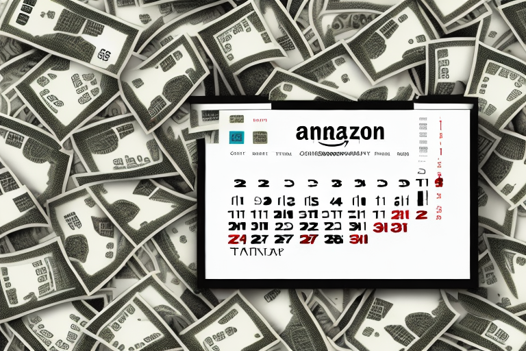 A calendar with amazon boxes and money symbols scattered across the dates