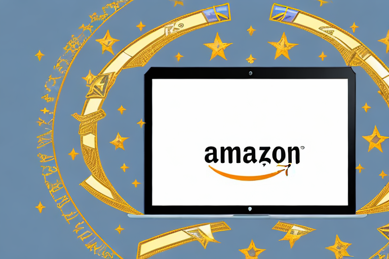 A laptop displaying an amazon page with a gold star and a checkmark