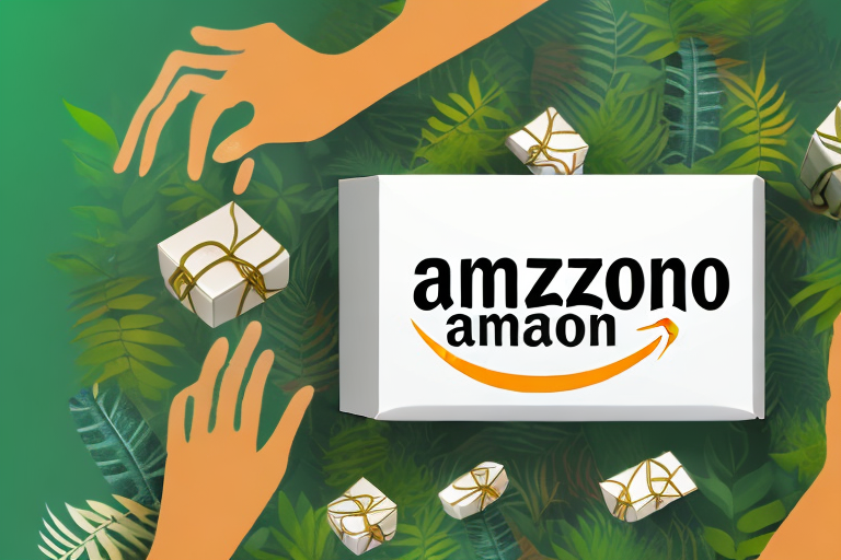 A box decorated with amazon-themed elements like jungle vines and parcels