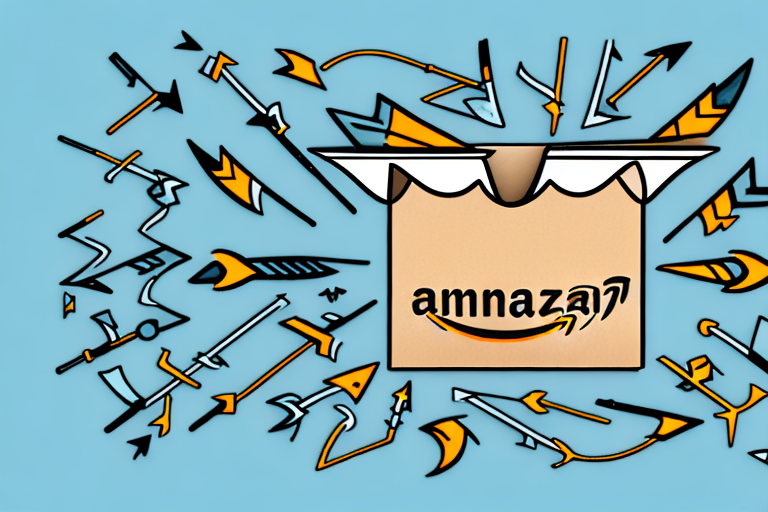 An amazon delivery box with various arrows and symbols around it