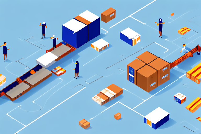 A conveyor belt with various stages of packaging and shipping boxes