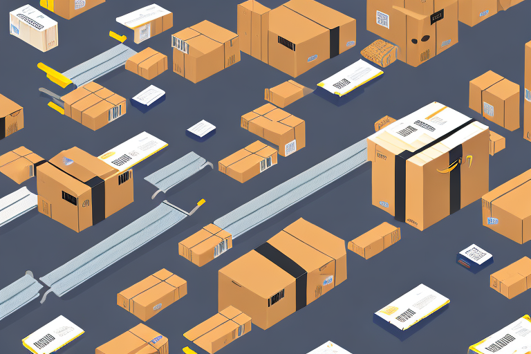 A warehouse with amazon-branded boxes on conveyor belts