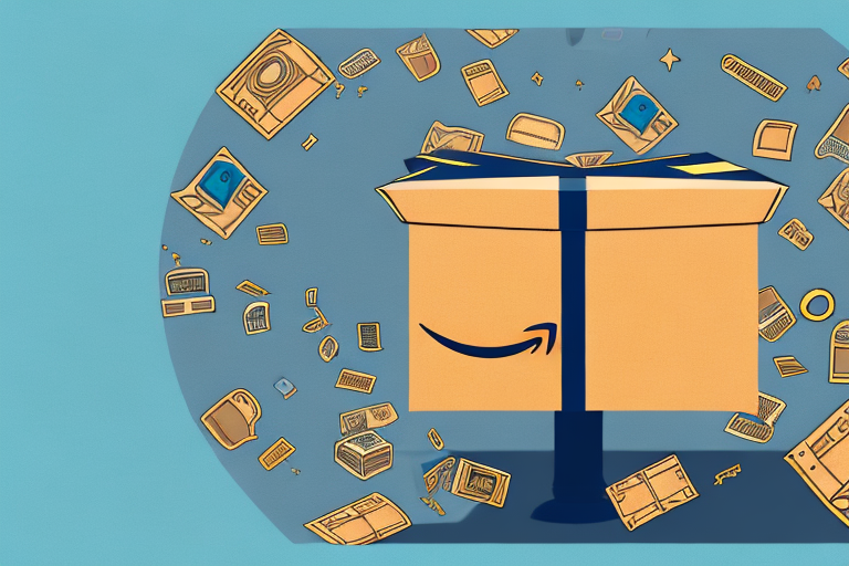 A distressed amazon package surrounded by various ecommerce symbols