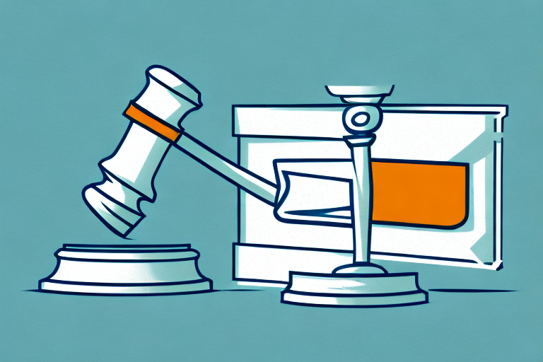 A courtroom gavel striking down on a stylized