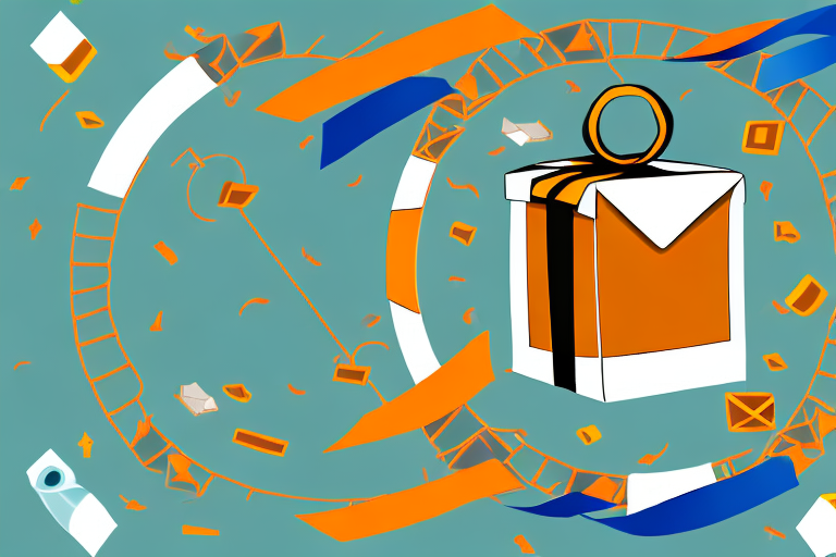 A box wrapped in amazon-themed colors and ribbons