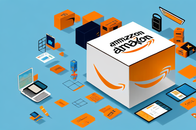 A box surrounded by amazon-themed elements like parcels