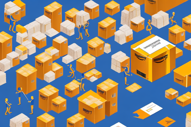 A bustling amazon warehouse with boxes being sorted and prepared for shipment