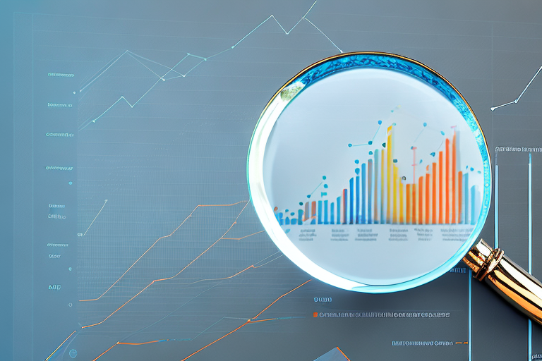 A magnifying glass focusing on a bar chart