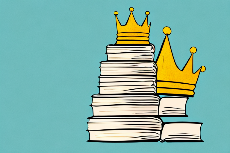 A towering stack of books with a golden crown on top