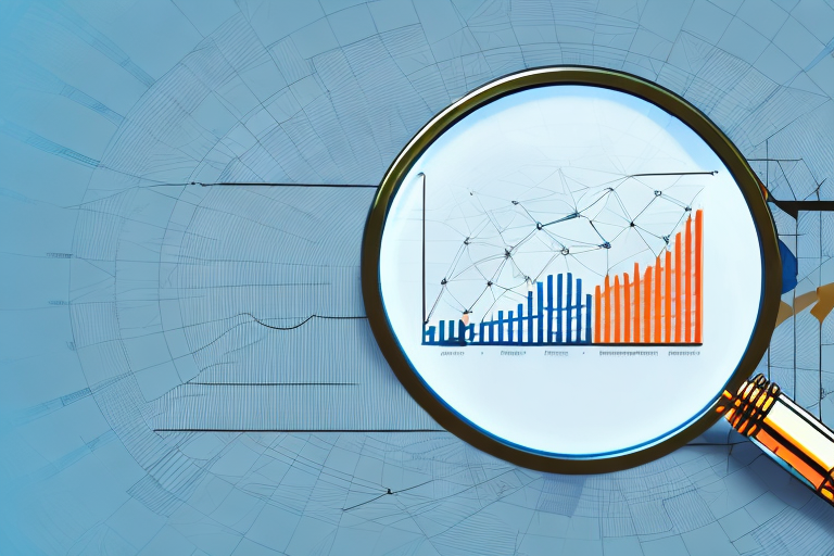 A magnifying glass hovering over a stylized amazon product with a bar chart symbolizing the bsr (best seller rank) fluctuations