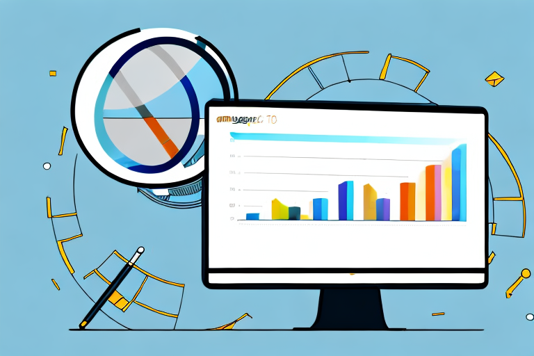 A magnifying glass hovering over a computer screen showing a bar chart and a list