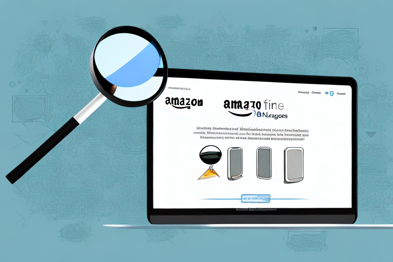 A magnifying glass hovering over a laptop screen displaying an amazon product page