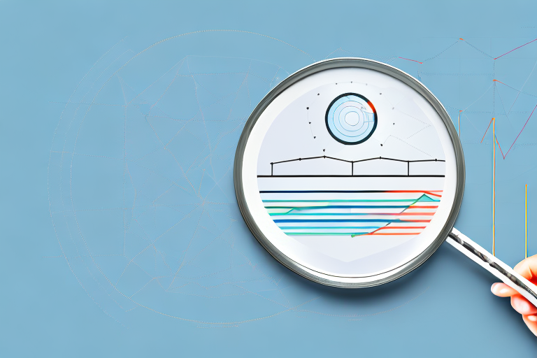 A magnifying glass hovering over a stylized bar graph