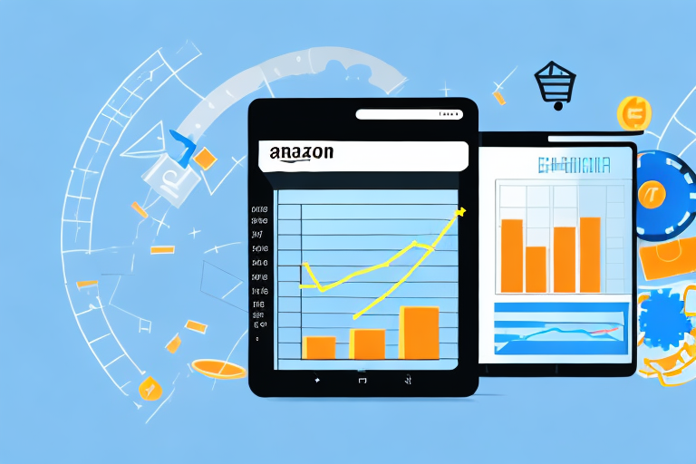 A calculator with various amazon products on one side and a rising graph symbolizing e-commerce success on the other