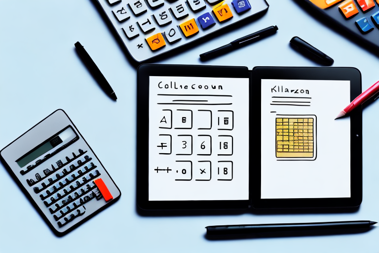 A calculator surrounded by various elements related to amazon kdp (like a book