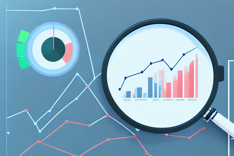 A magnifying glass hovering over a computer screen displaying a bar graph and pie chart representing sales data