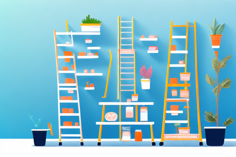 A ladder reaching towards a high shelf with various products on it