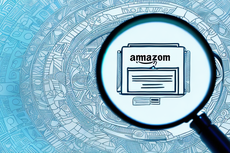 A magnifying glass hovering over a stylized computer screen displaying an amazon product page