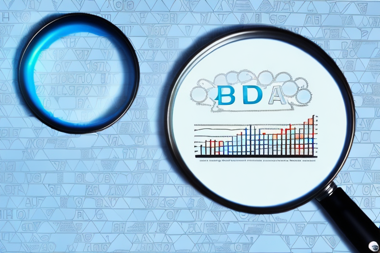 A magnifying glass hovering over a digital tablet displaying a bar graph and a keyword cloud