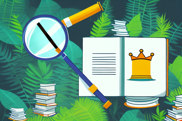 A magnifying glass hovering over a stack of books with a crown on top