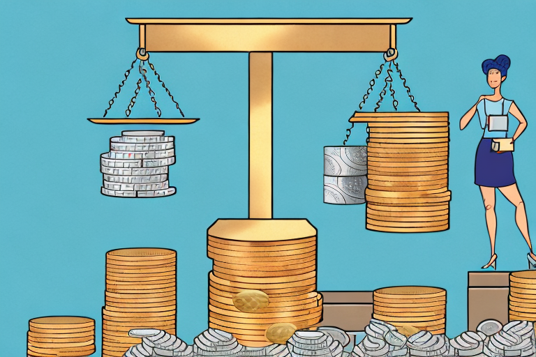 A scale balancing a box (representing goods for sale) and a stack of coins (representing shipping costs)