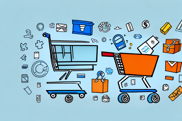 An amazon package surrounded by various ecommerce and marketing icons