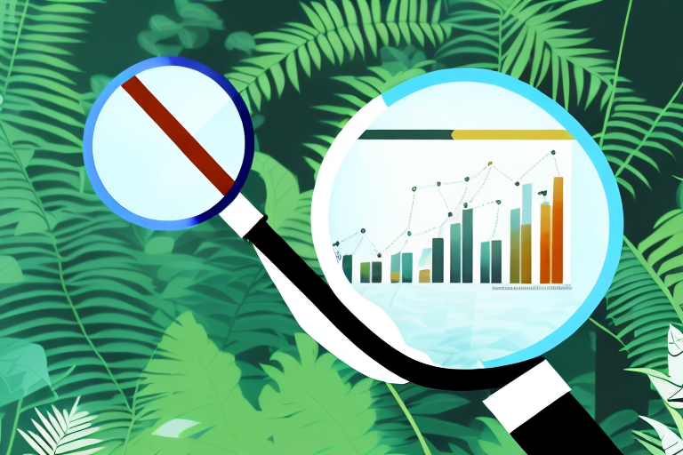 A magnifying glass focusing on a bar chart showing increasing sales