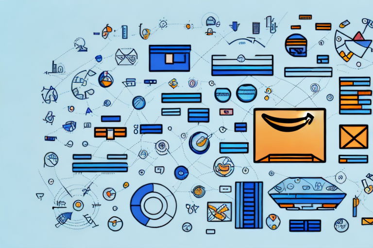 An amazon parcel surrounded by various statistical symbols and graphs