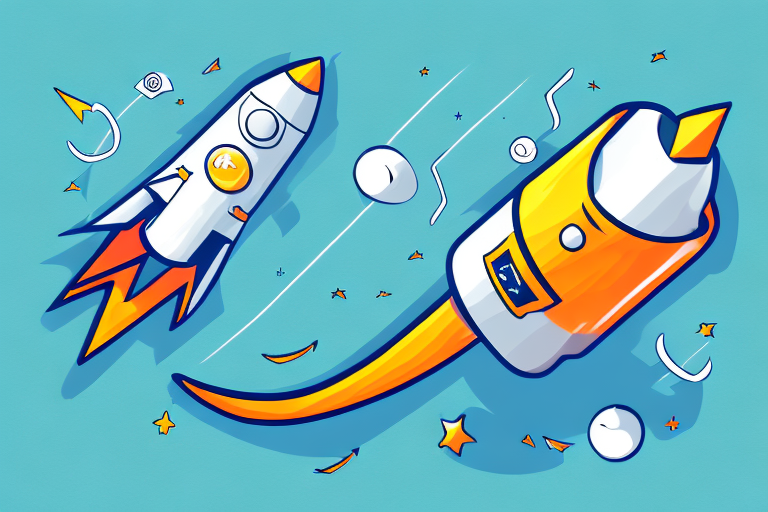 A stylized amazon package with a rocket attached to it