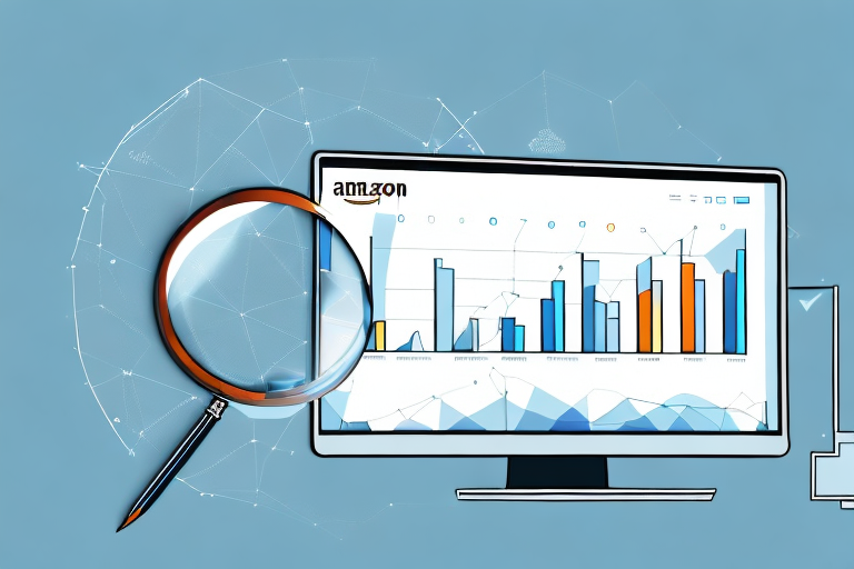 A magnifying glass hovering over a computer screen displaying an amazon webpage with a bar chart indicating the conversion rate