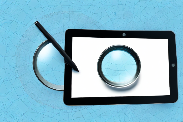 A magnifying glass hovering over a digital tablet displaying an amazon product page