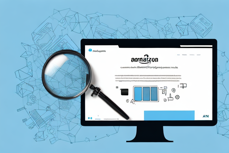 A computer screen displaying the amazon website with a magnifying glass highlighting the asin number section on a product page