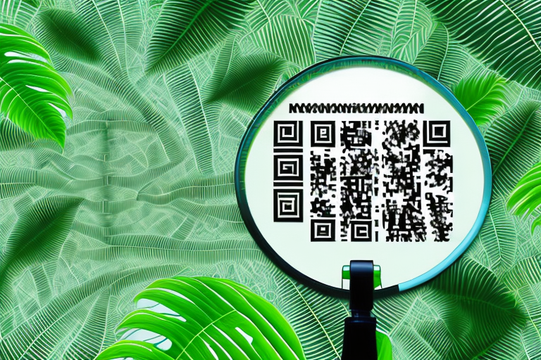 A magnifying glass revealing a hidden barcode or qr code within the dense foliage of an amazon rainforest