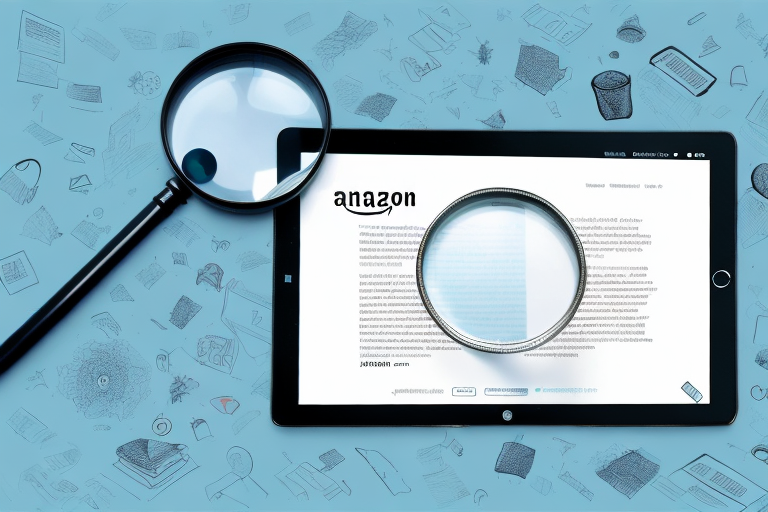 A magnifying glass hovering over a digital tablet displaying an amazon product page