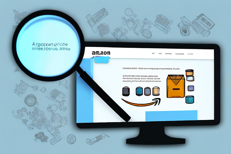 A computer screen showing an amazon product page with a magnifying glass highlighting the product details section where the asin number is typically found