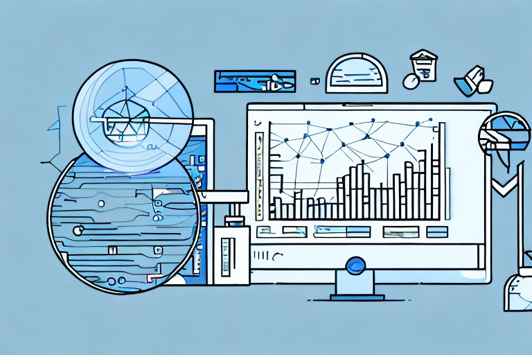 A magnifying glass hovering over a computer screen displaying a bar chart and various products