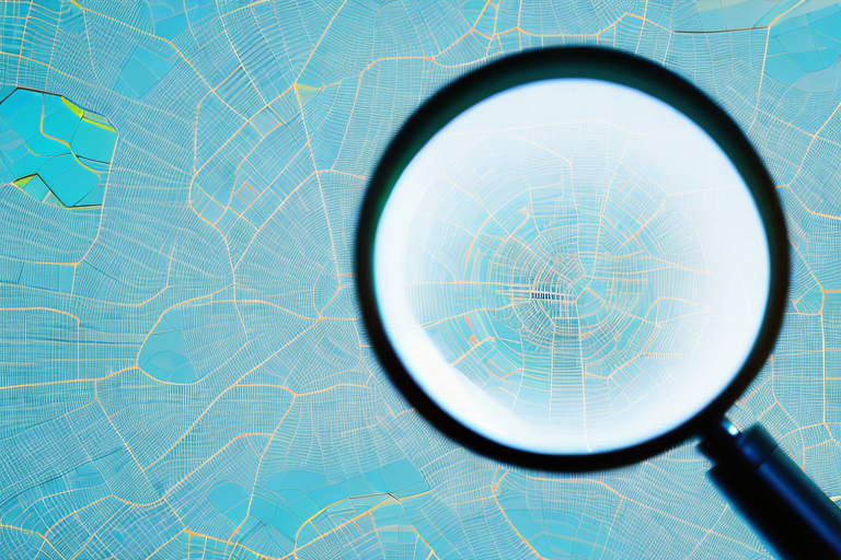 A magnifying glass hovering over a complex digital map