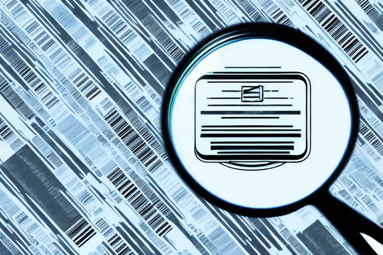 A magnifying glass hovering over a computer screen displaying a series of barcodes