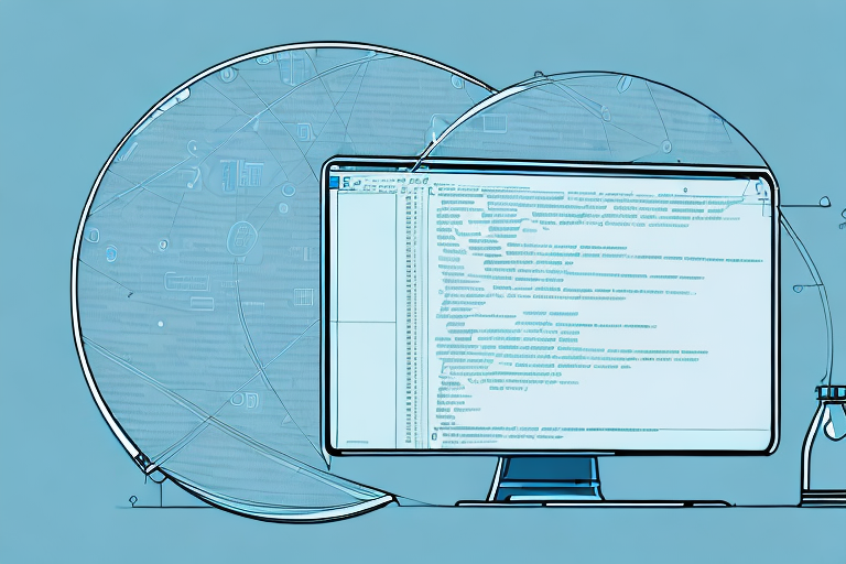 A magnifying glass hovering over a computer screen displaying lines of code