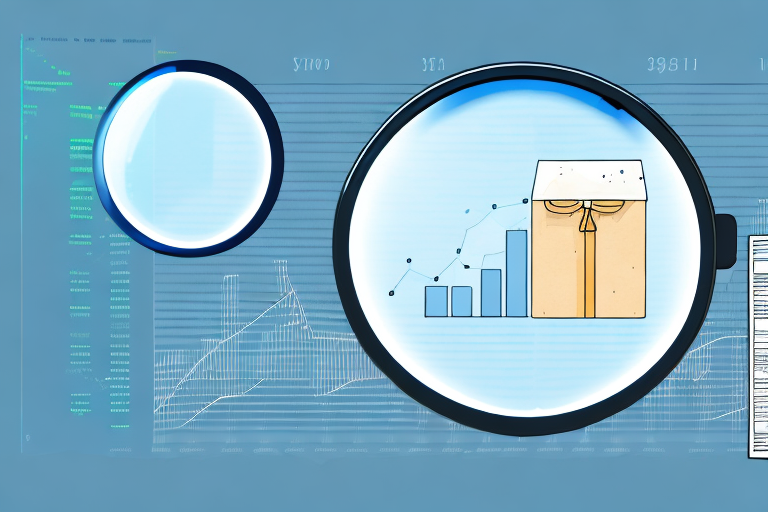 A magnifying glass hovering over a bar chart representing sales