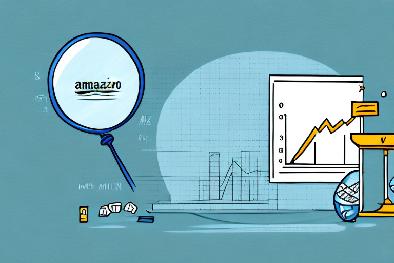 A magnifying glass hovering over a bar graph representing sales history