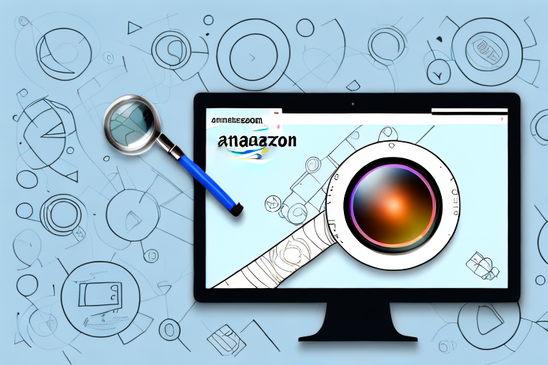 A computer screen displaying an amazon product page with a magnifying glass hovering over the product details section