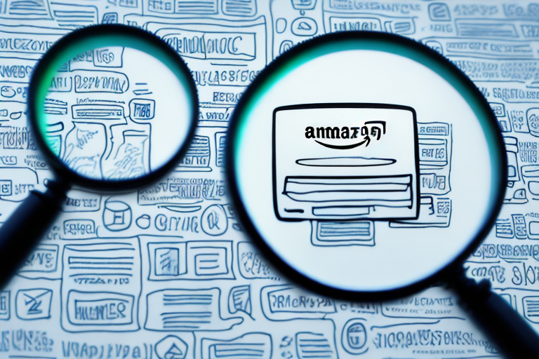 A magnifying glass hovering over a computer screen displaying a variety of amazon product listings