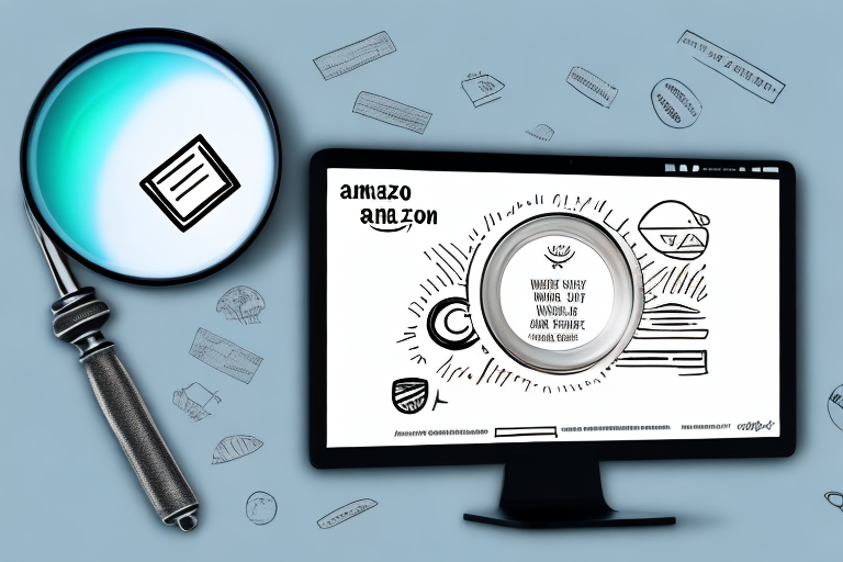 A magnifying glass hovering over a computer screen displaying a mockup of an amazon uk product page