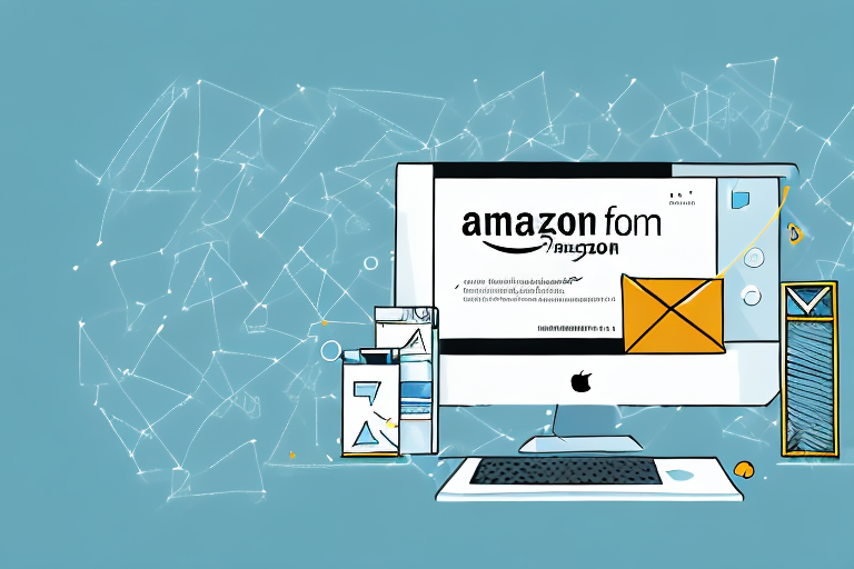 A computer displaying an amazon webpage with a symbolic arrow pointing towards a box