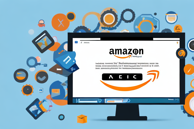 A computer screen displaying the amazon website with a series of numbered steps leading from the search bar to a newly created product listing