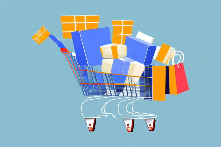 A shopping cart filled with various online business tools and a large amazon box