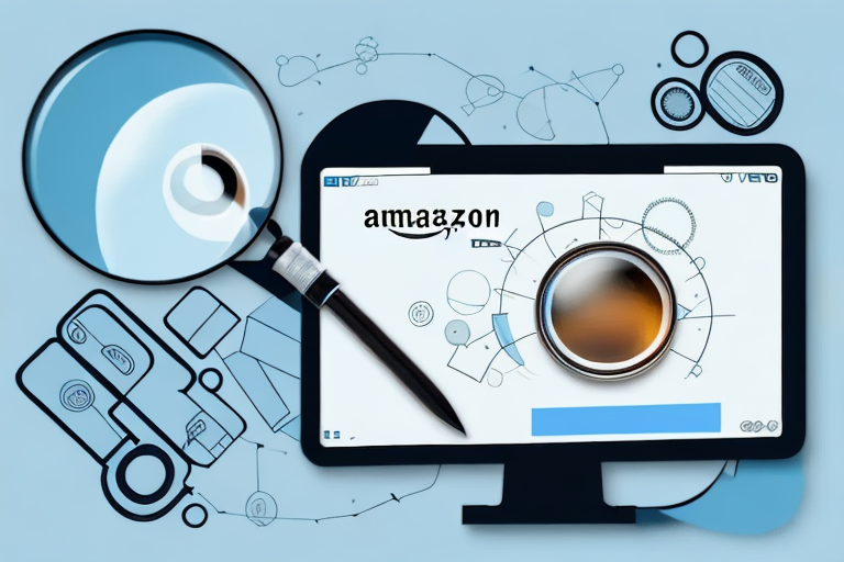 A computer screen displaying an amazon product page with a magnifying glass highlighting the product asin number section