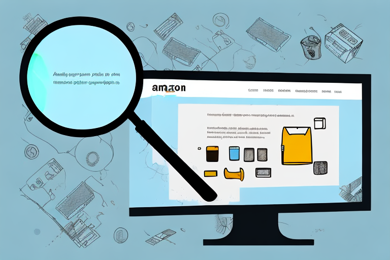 A computer screen showing an amazon product page with a magnifying glass highlighting the product details section where the asin number is typically located