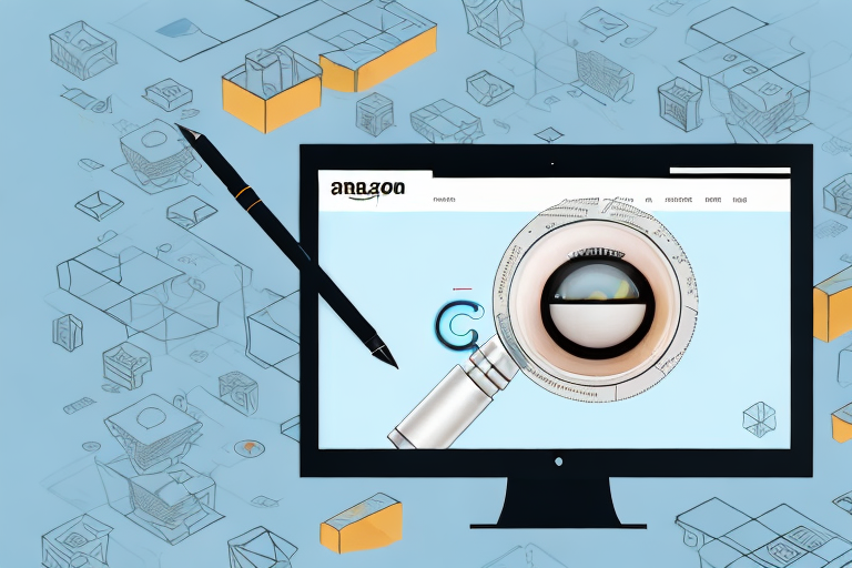 A computer screen displaying the amazon website with a magnifying glass hovering over a product page